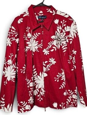 Susan Graver Style Red Floral Full Zip Lined Jacket With Embellishment Size 2X
